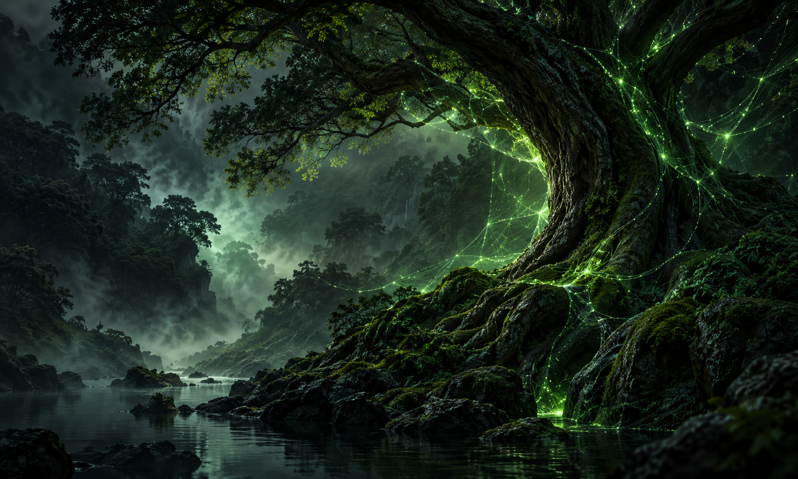 Abstract tree form emerging through a digital field